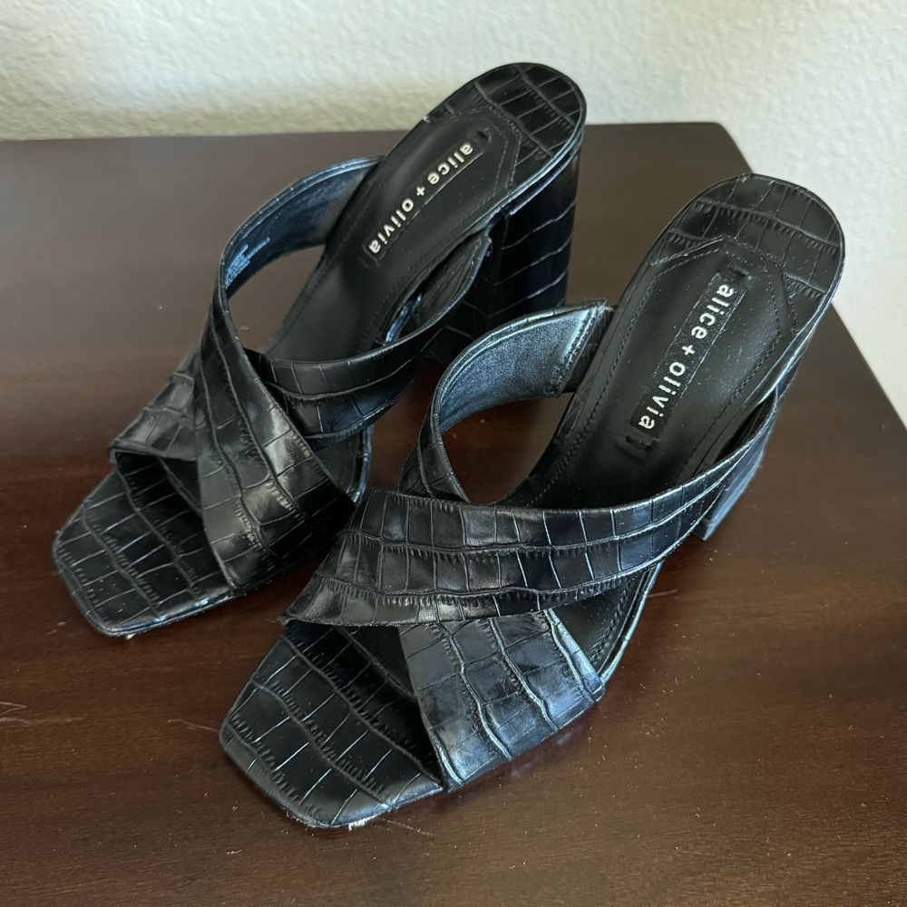 Alice & Olivia Embossed Leather Block Heel Slides